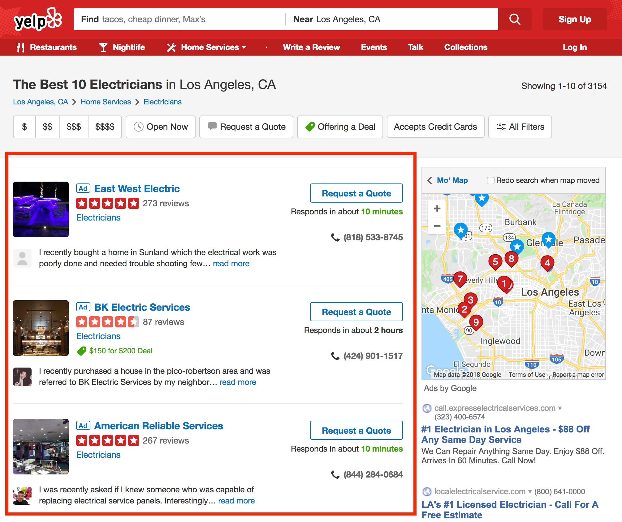 Yelp Ads Before Redesign