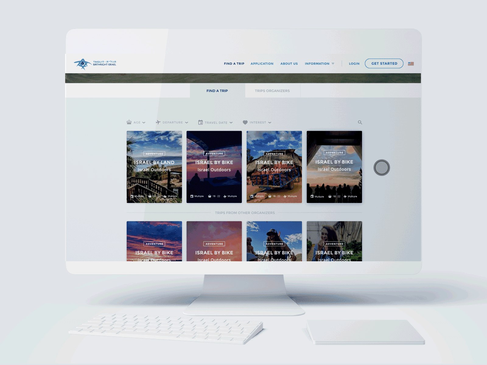 Birthright trip finder with filters and trip cards