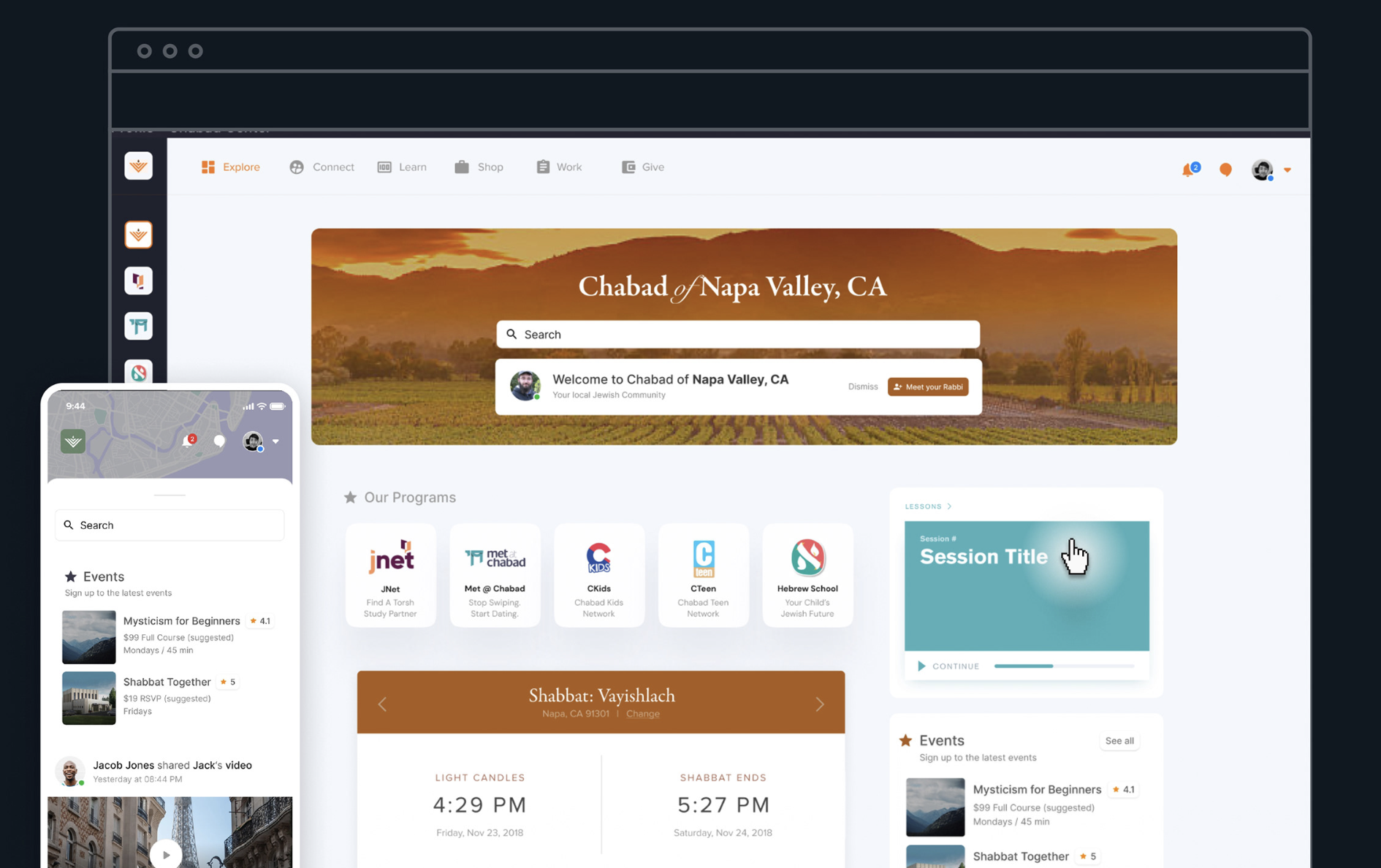 Chabad mobile app mockup showing community feed and events