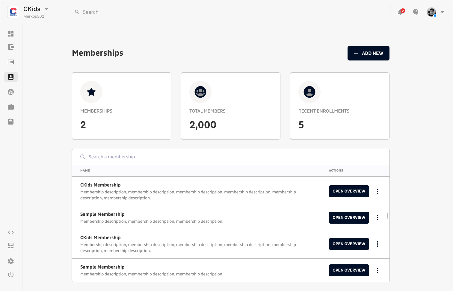 CKids Back-office Memberships Dashboard