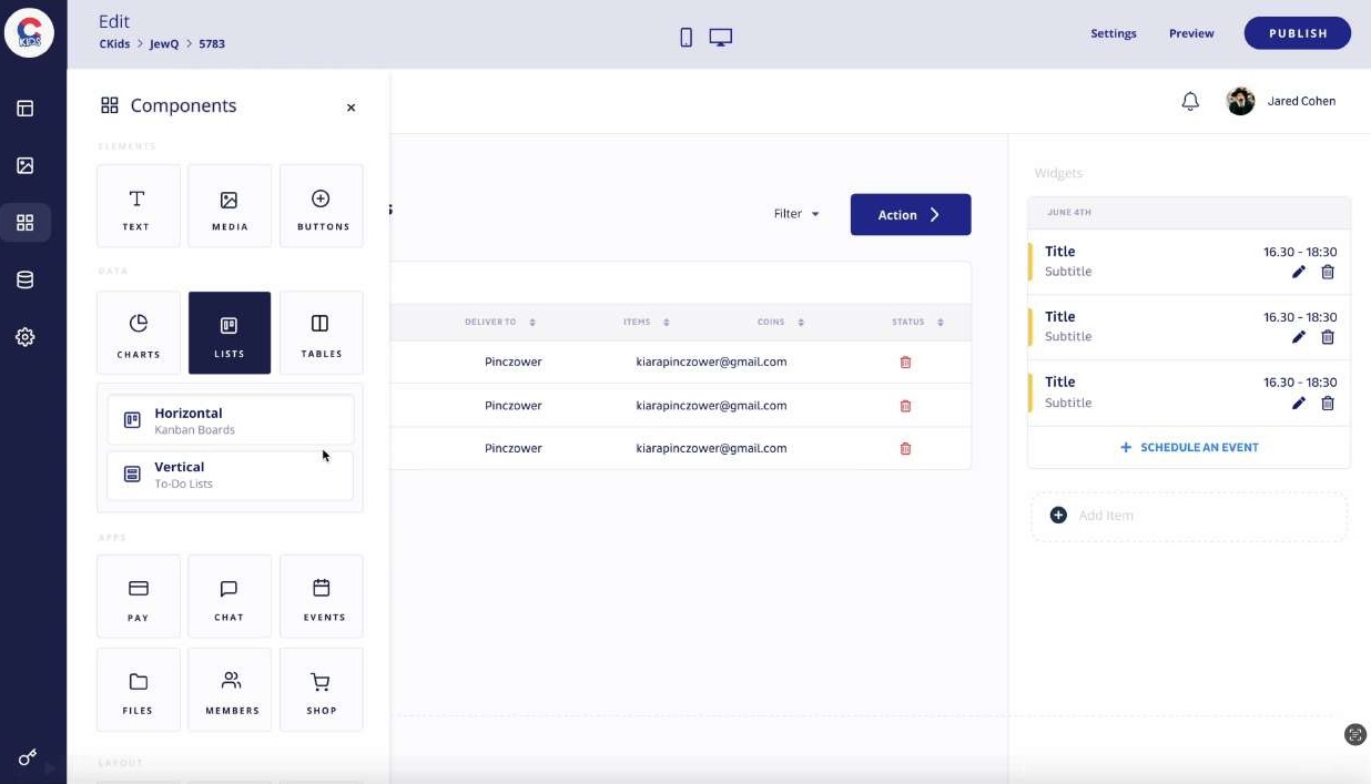 Coordinator board with component selection sidebar