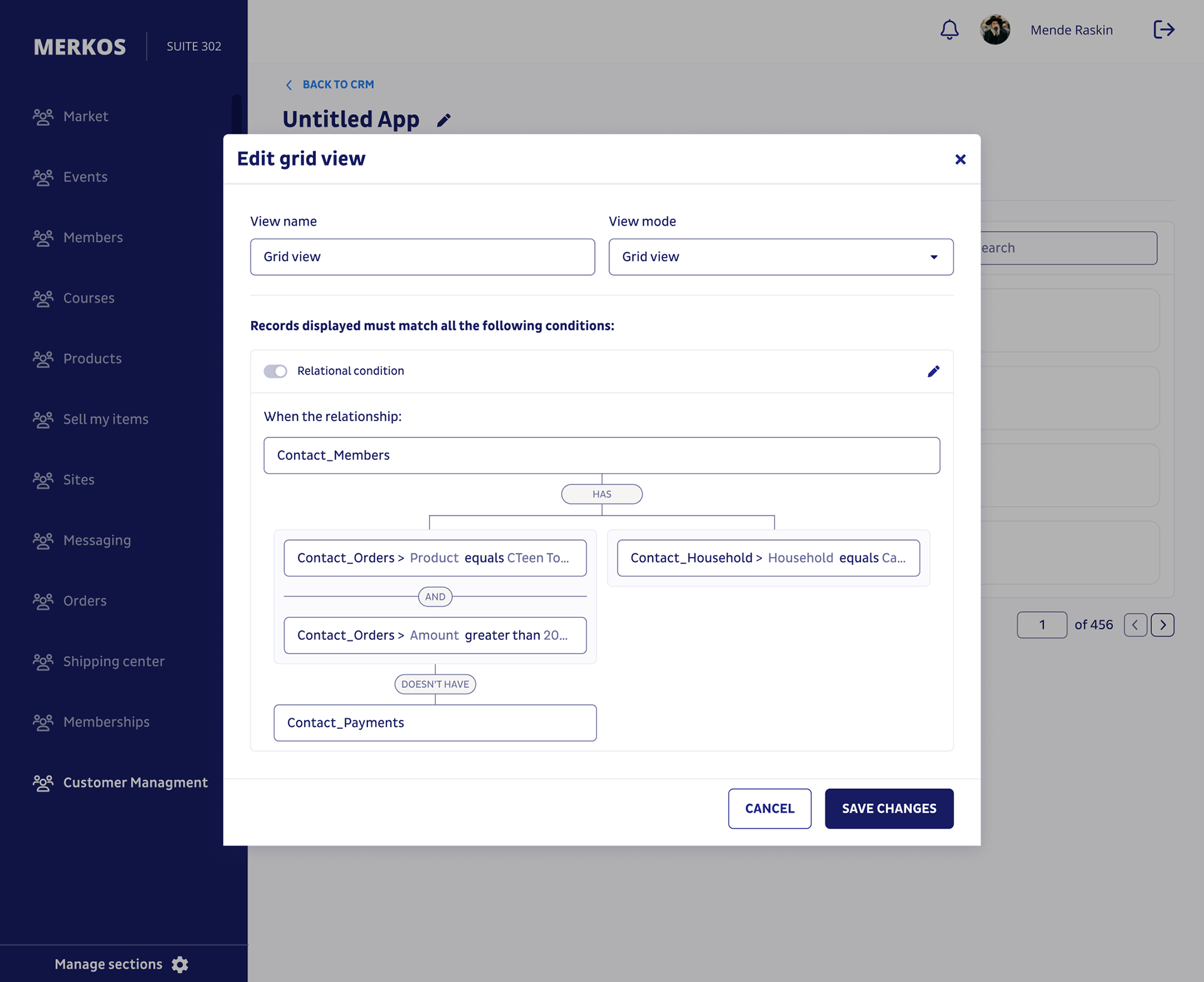 Configurable grid view and relational condition builder