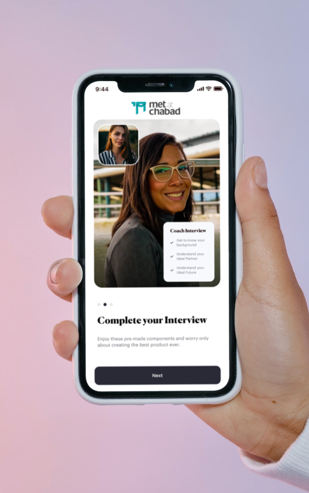 Met at Chabad mobile app mockup showing a user profile and interview completion screen