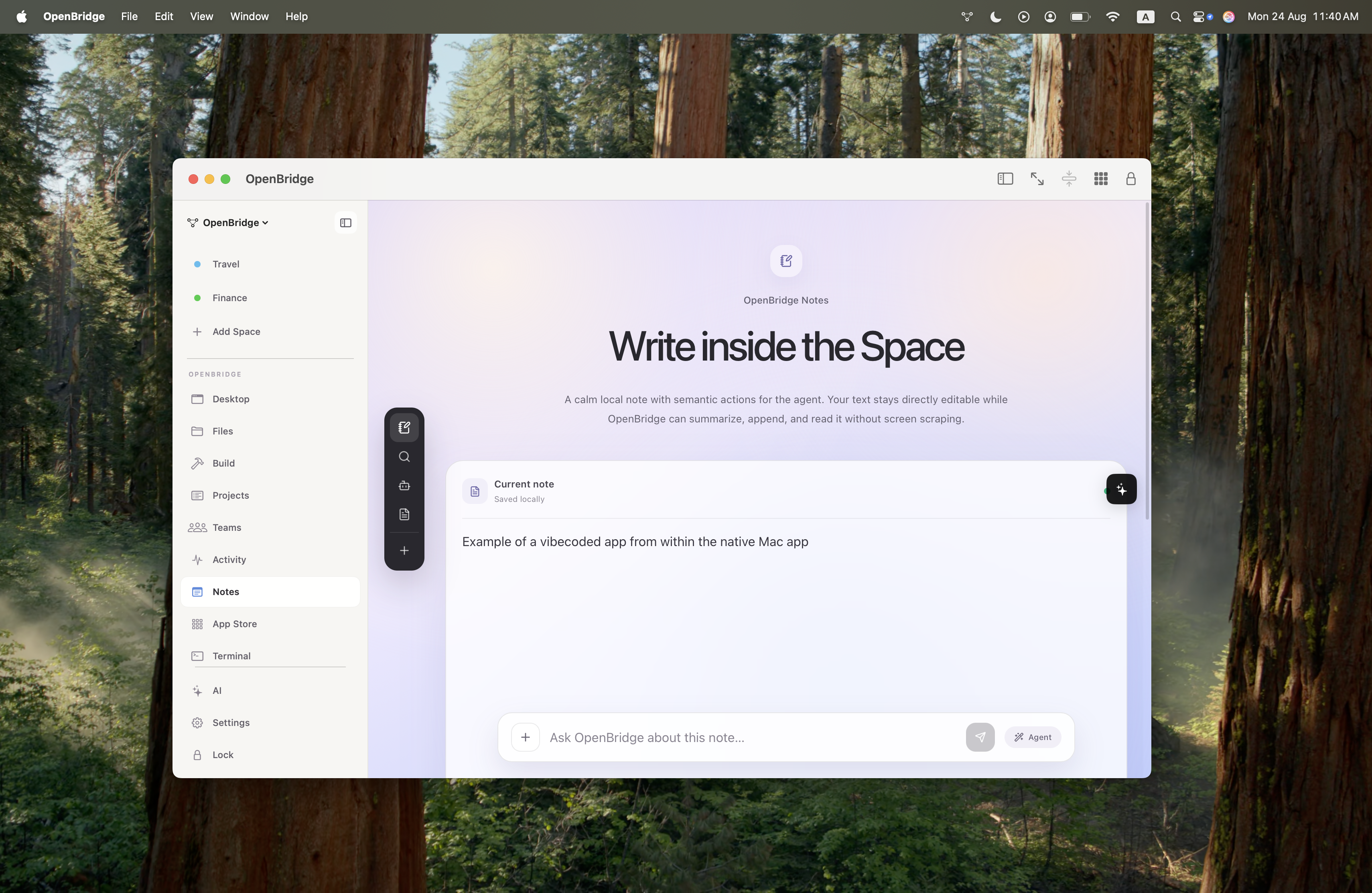 OpenBridge Vibecoded Notes App inside native Mac environment